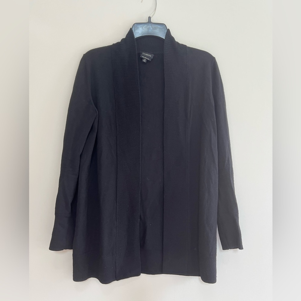 Talbots 100% Pure Merino Wool Open Front Black Cardigan, size XS